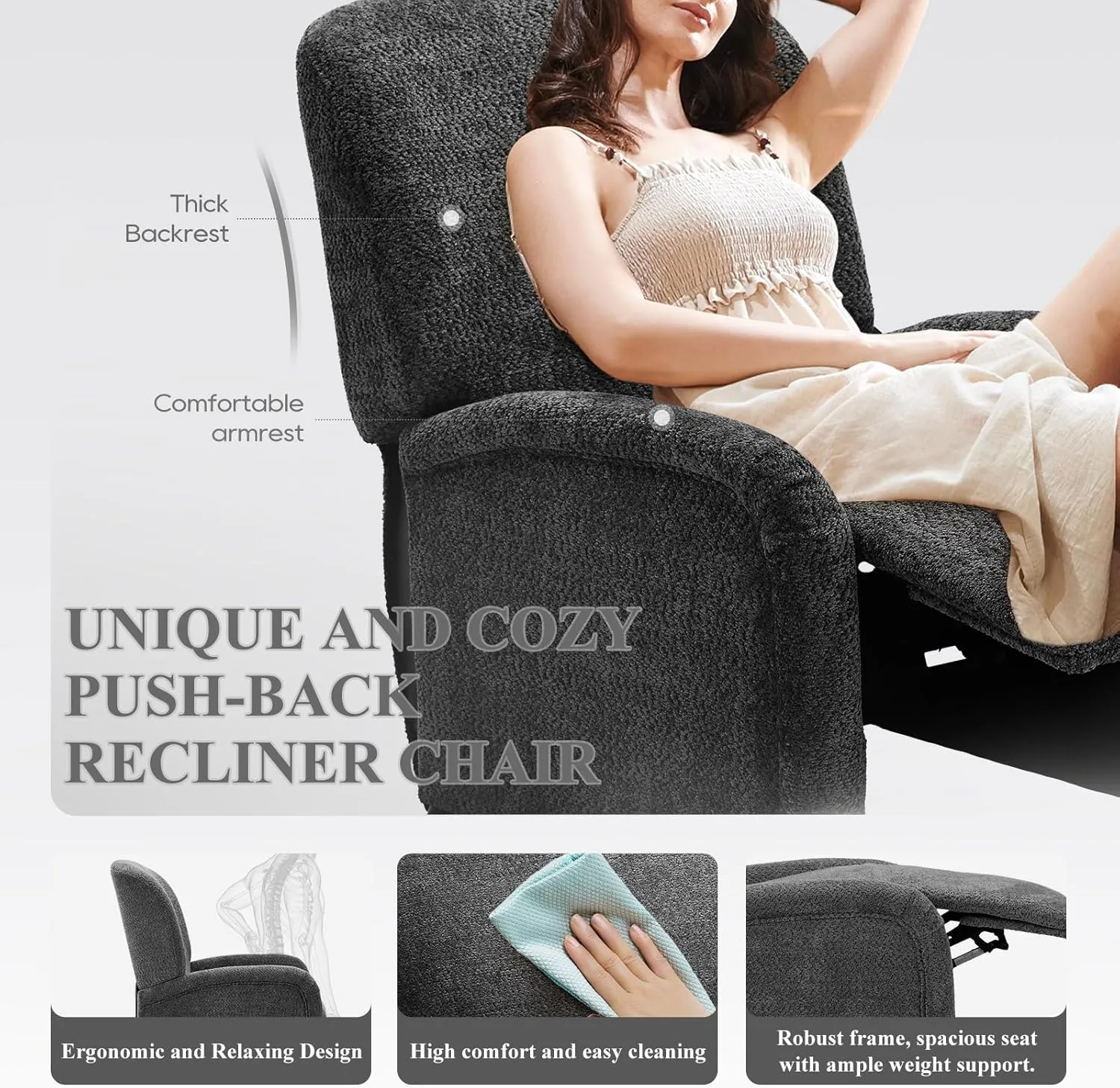 Pushback Recliner Chair, Wing Back Chairs with Arms, Adjustable Modern Single Reclining for Living Room/Bedroom,Fabric Accent Chair Extrathick Cushion