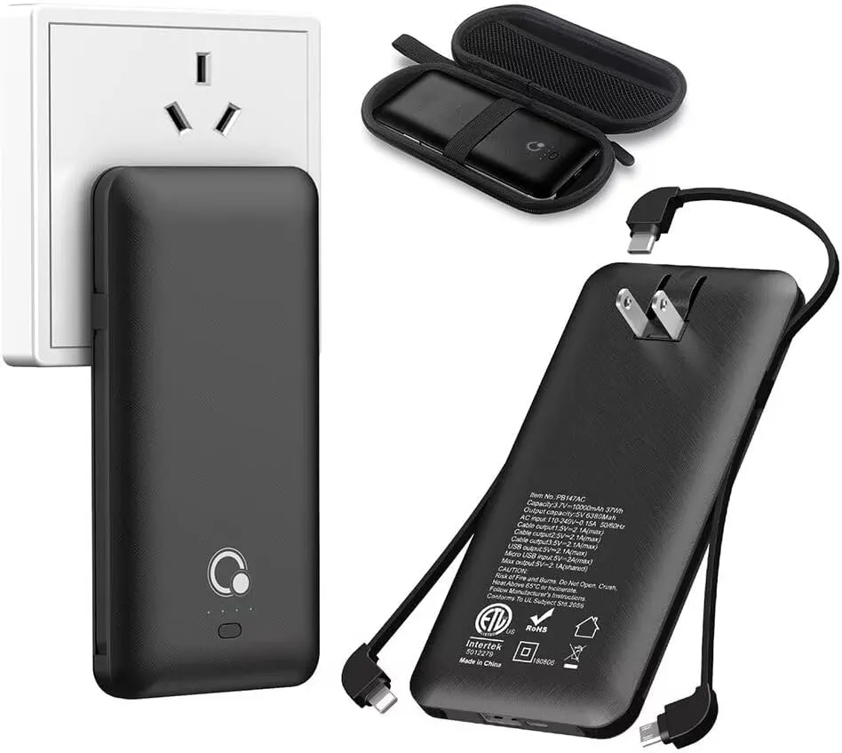 Q 10000mAh Power Bank, Slim Portable Charger,4 Output External Battery Pack with Built-in AC Wall Plug Micro USB C 3 Cables Compatible with iPhone Samsung Android Phone Tablet and More