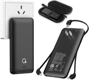 Q 10000mAh Power Bank, Slim Portable Charger,4 Output External Battery Pack with Built-in AC Wall Plug Micro USB C 3 Cables Compatible with iPhone Samsung Android Phone Tablet and More