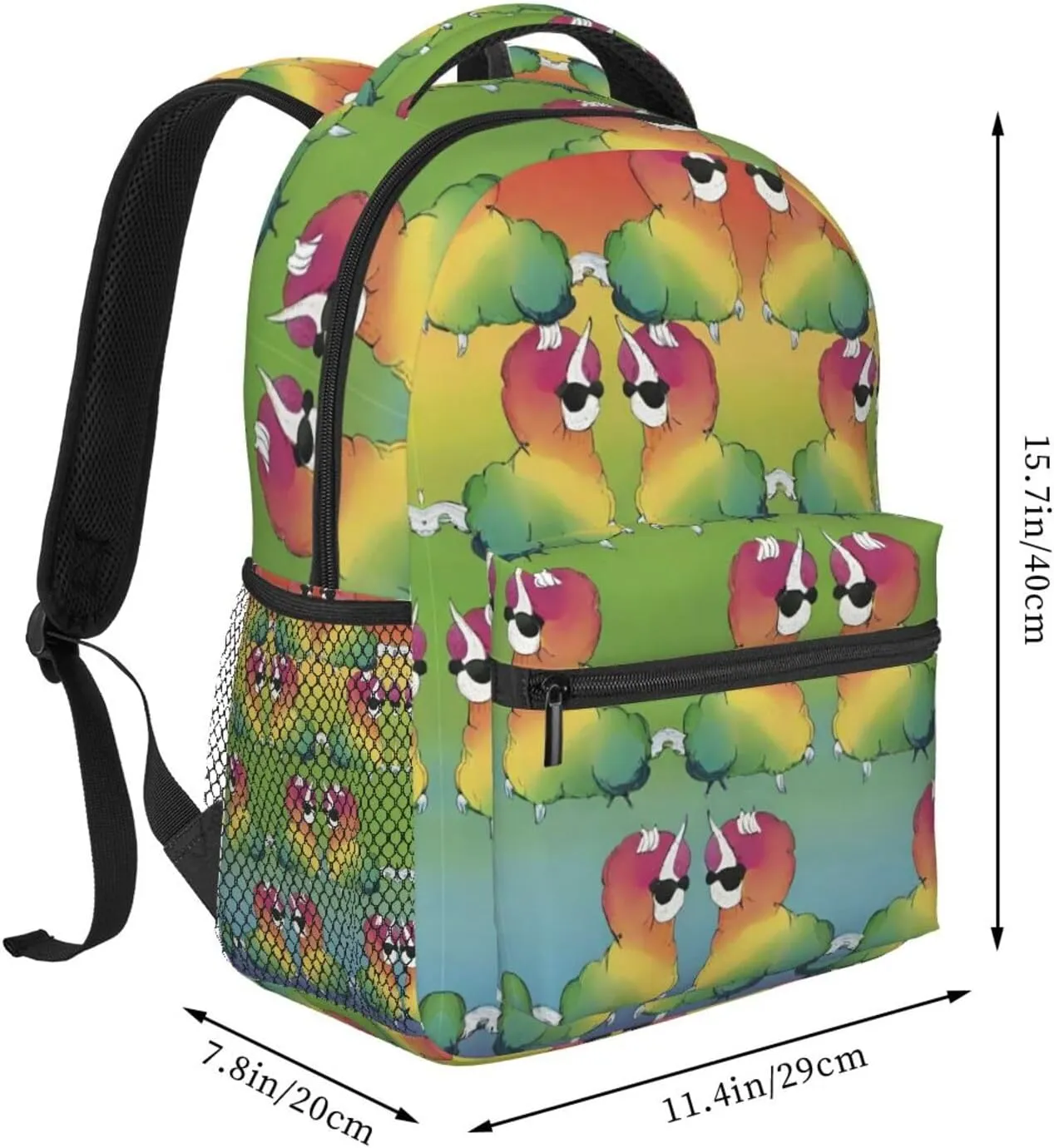 Rainbow Alpaca Art Shoulder Book Bags Polyester Multipurpose Anti-Theft Carry On Bag Large Capacity Travel Hiking & Camping Rucksack
