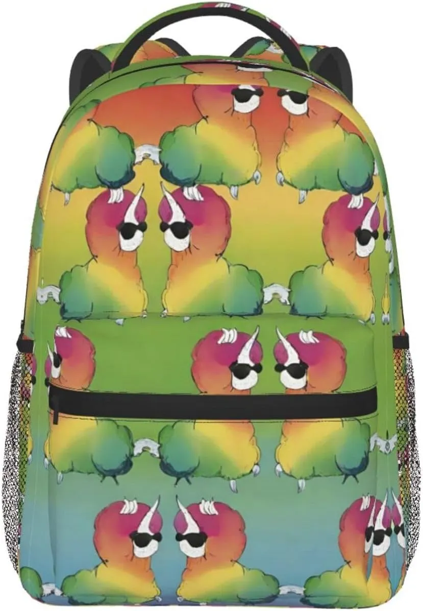 Rainbow Alpaca Art Shoulder Book Bags Polyester Multipurpose Anti-Theft Carry On Bag Large Capacity Travel Hiking & Camping Rucksack