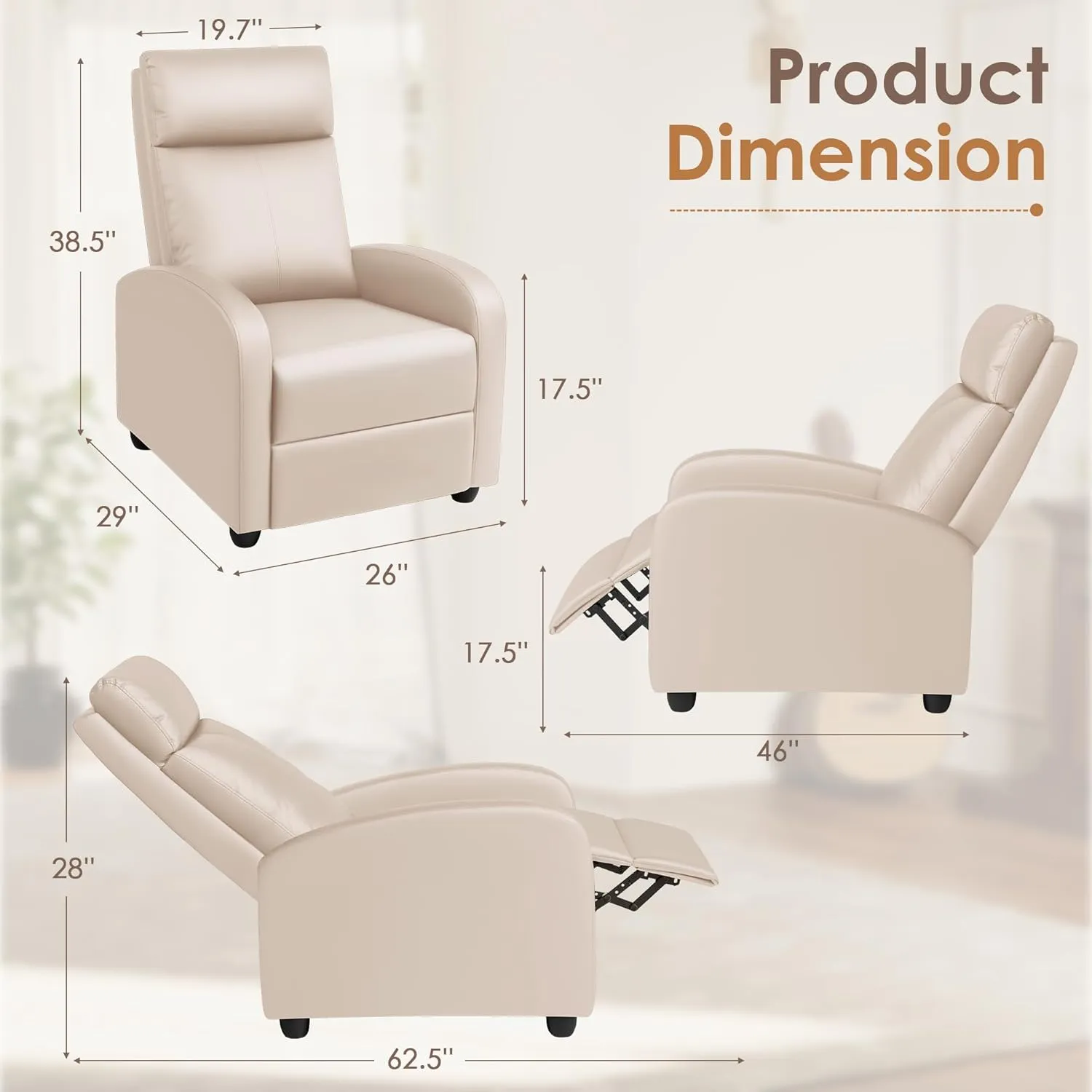 Rankok Recliner Chair Modern PU Leather Reclining Chair Ergonomic Adjustable Recliner for Living Room Home Theater Seating Single Sofa (Beige)