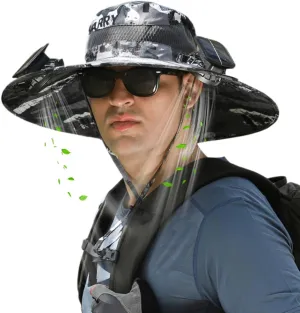RAPTURA Outdoor Wide Brim Solar Fan Hat with 2 Solar Fan, Solar Fan Hats for Men Women, Solar & USB Charging UPF 50 