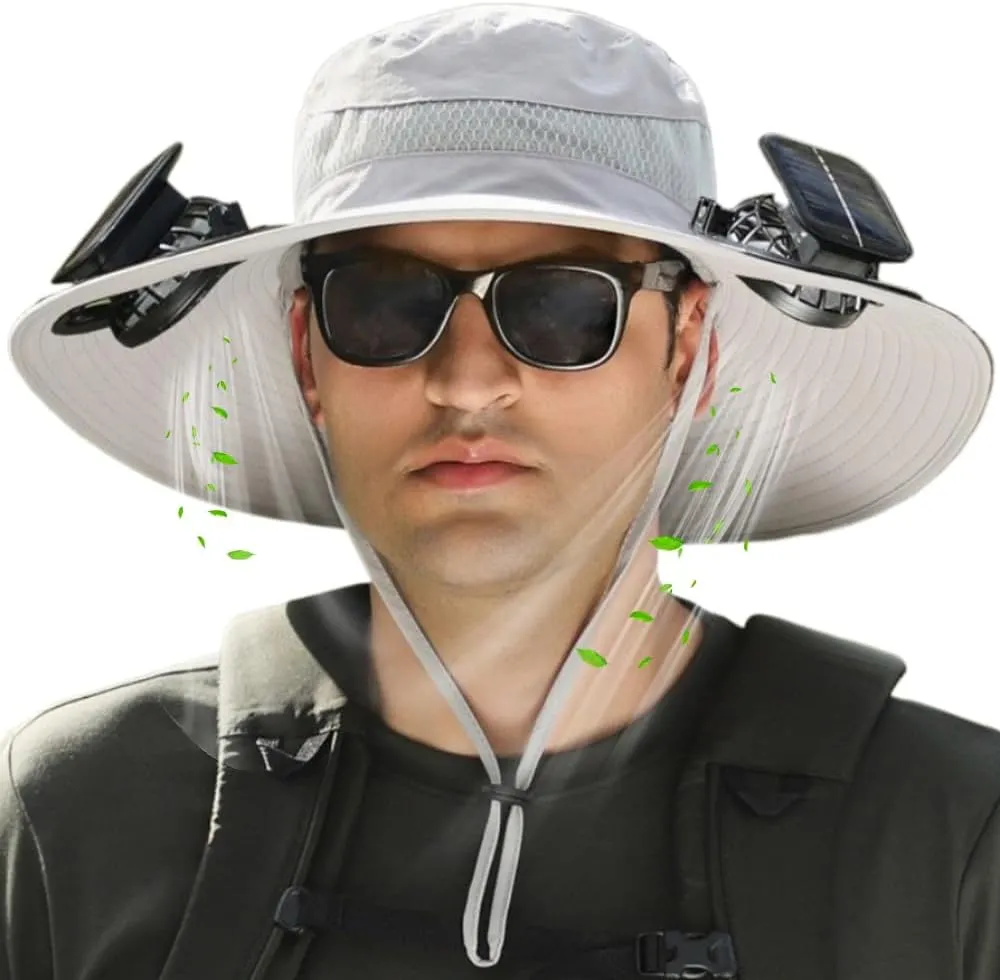 RAPTURA Outdoor Wide Brim Solar Fan Hat with 2 Solar Fan, Solar Fan Hats for Men Women, Solar & USB Charging UPF 50 