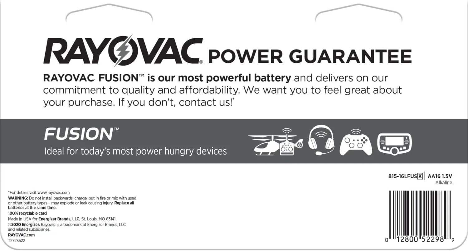 Rayovac Fusion AA Batteries, Premium Alkaline Double A Batteries (16 Battery Count)