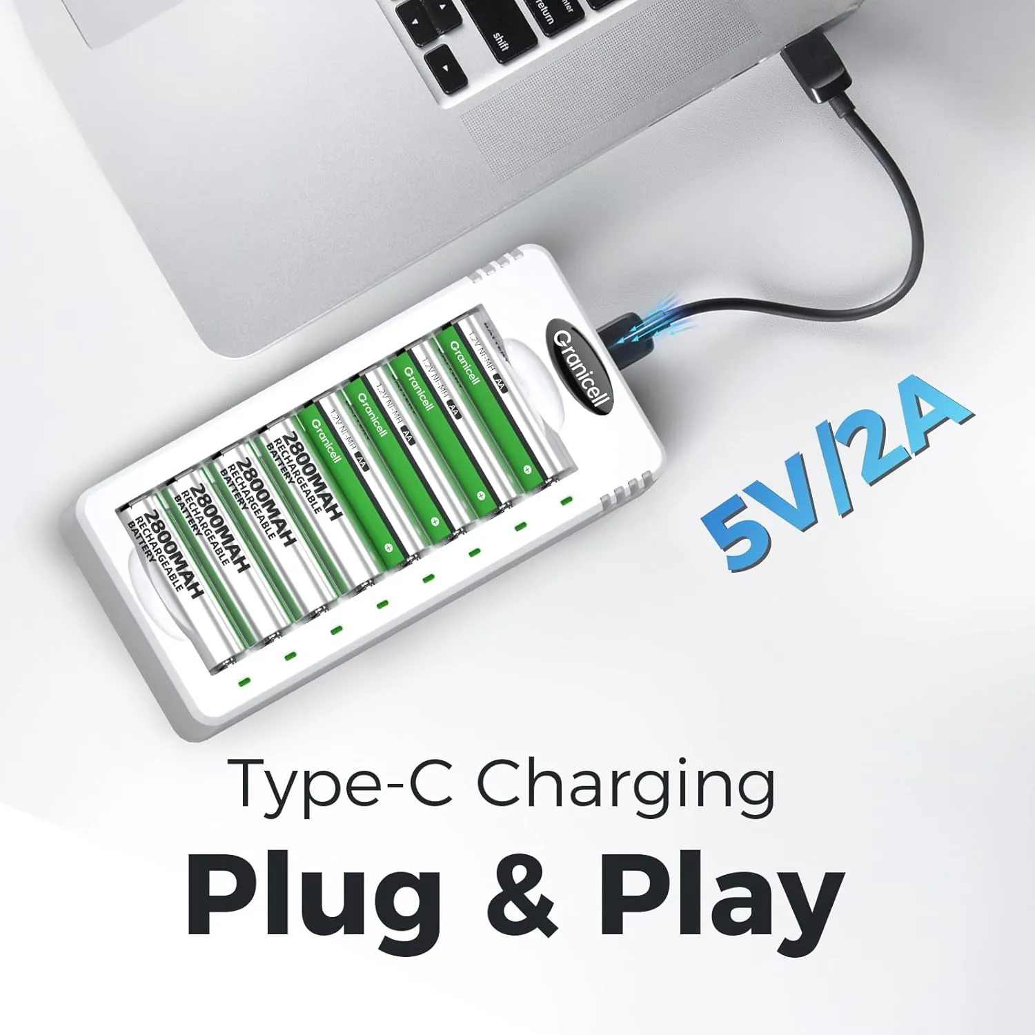 Rechargeable AA Batteries with Charger - 8 Pack of 2800mAh High Capacity Low Self-Discharge Ni-MH Batteries with Smart 8 Bay USB Fast Charging Charger