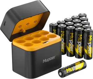 Rechargeable AA Lithium Batteries with Charger,16 Count 3600 mWh 1.5V Double A Batteries High Capacity,Long Lasting Rechargeable AA Li-ion Battery with Integrated Charging Storage Box - Gold