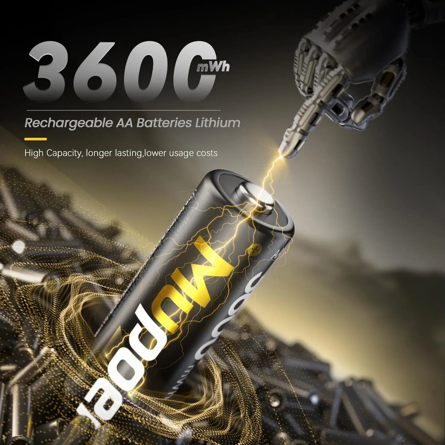 Rechargeable AA Lithium Batteries with Charger,16 Count 3600 mWh 1.5V Double A Batteries High Capacity,Long Lasting Rechargeable AA Li-ion Battery with Integrated Charging Storage Box - Gold
