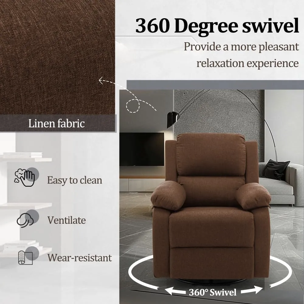 Recliner Chair, 360 Swivel Rocker Chair for Adults, Small Rocking Recliner Chair for Small Spaces, Upholstered Fabric Glider Recliner Nursery with Side Pockets for Nursery, Living Room