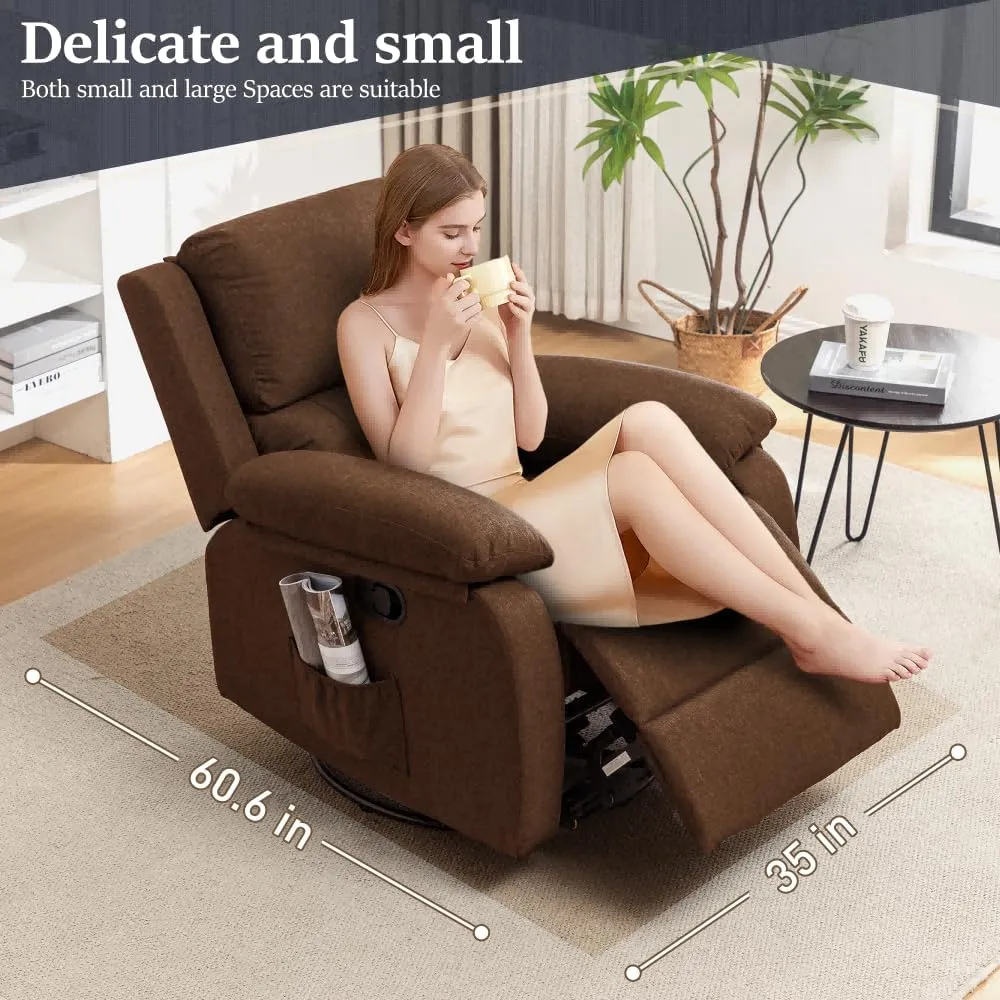 Recliner Chair, 360 Swivel Rocker Chair for Adults, Small Rocking Recliner Chair for Small Spaces, Upholstered Fabric Glider Recliner Nursery with Side Pockets for Nursery, Living Room