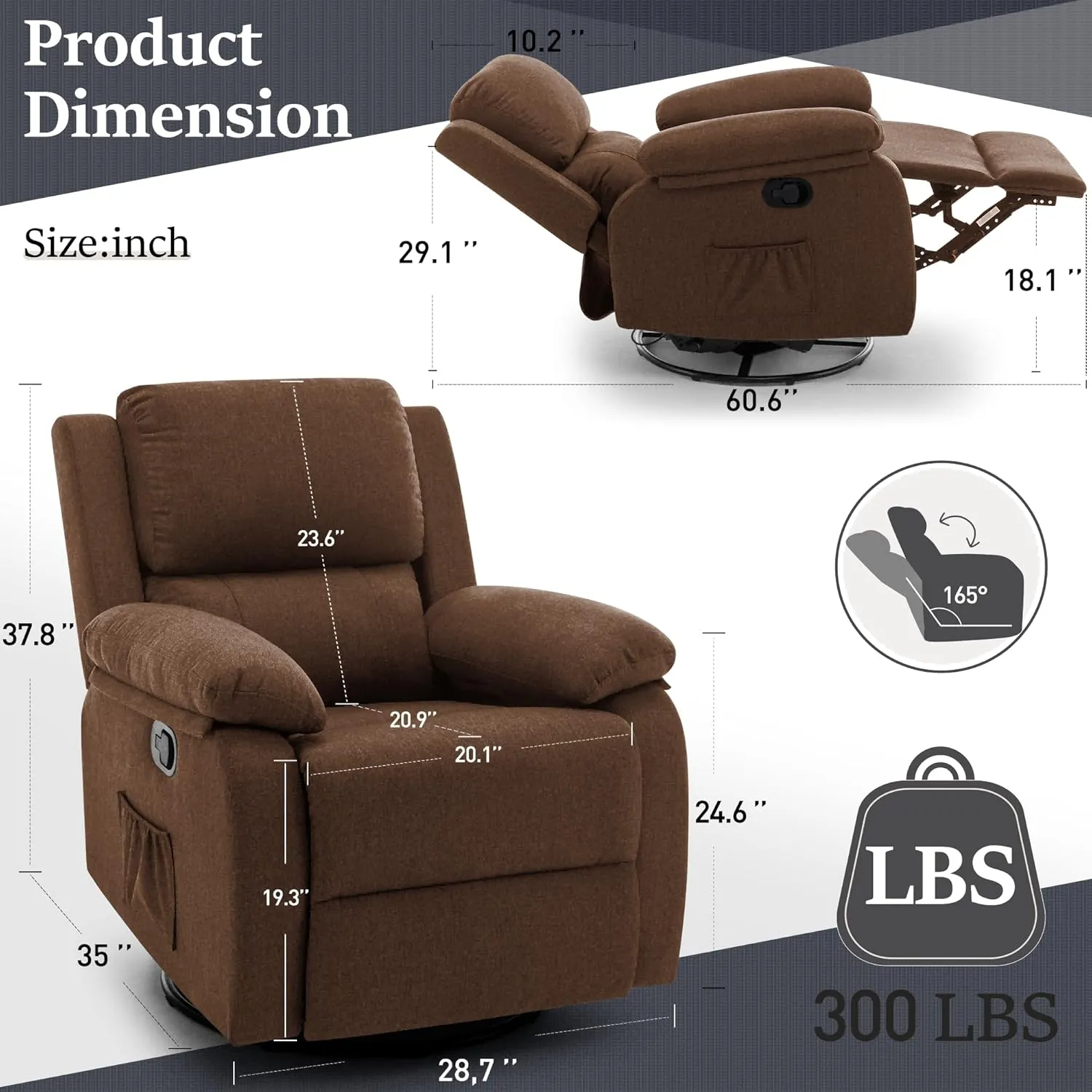 Recliner Chair, 360 Swivel Rocker Chair for Adults, Small Rocking Recliner Chair for Small Spaces, Upholstered Fabric Glider Recliner Nursery with Side Pockets for Nursery, Living Room