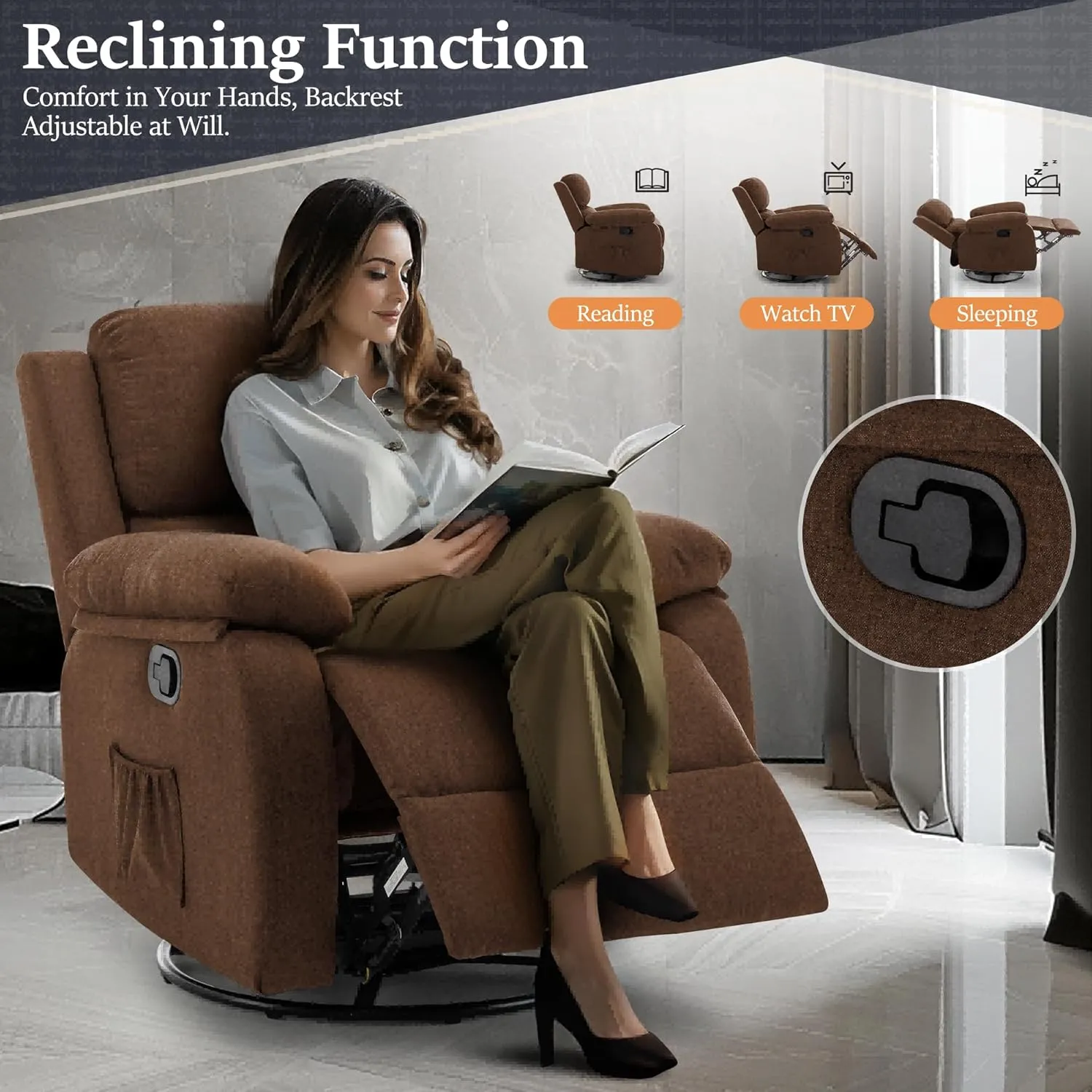 Recliner Chair, 360 Swivel Rocker Chair for Adults, Small Rocking Recliner Chair for Small Spaces, Upholstered Fabric Glider Recliner Nursery with Side Pockets for Nursery, Living Room