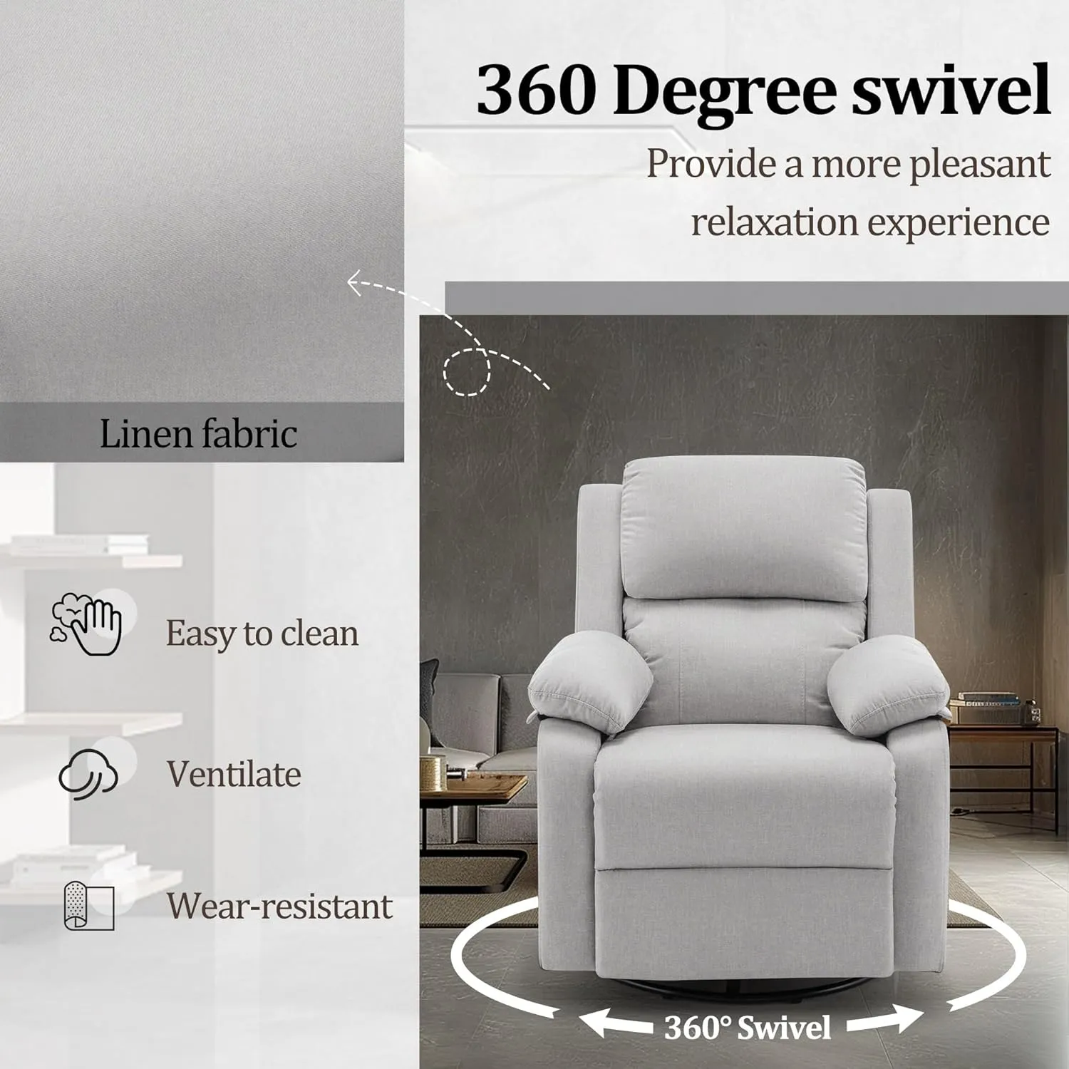 Recliner Chair, 360 Swivel Rocker Chair for Adults, Small Rocking Recliner Chair for Small Spaces, Upholstered Fabric Glider Recliner Nursery with Side Pockets for Nursery, Living Room