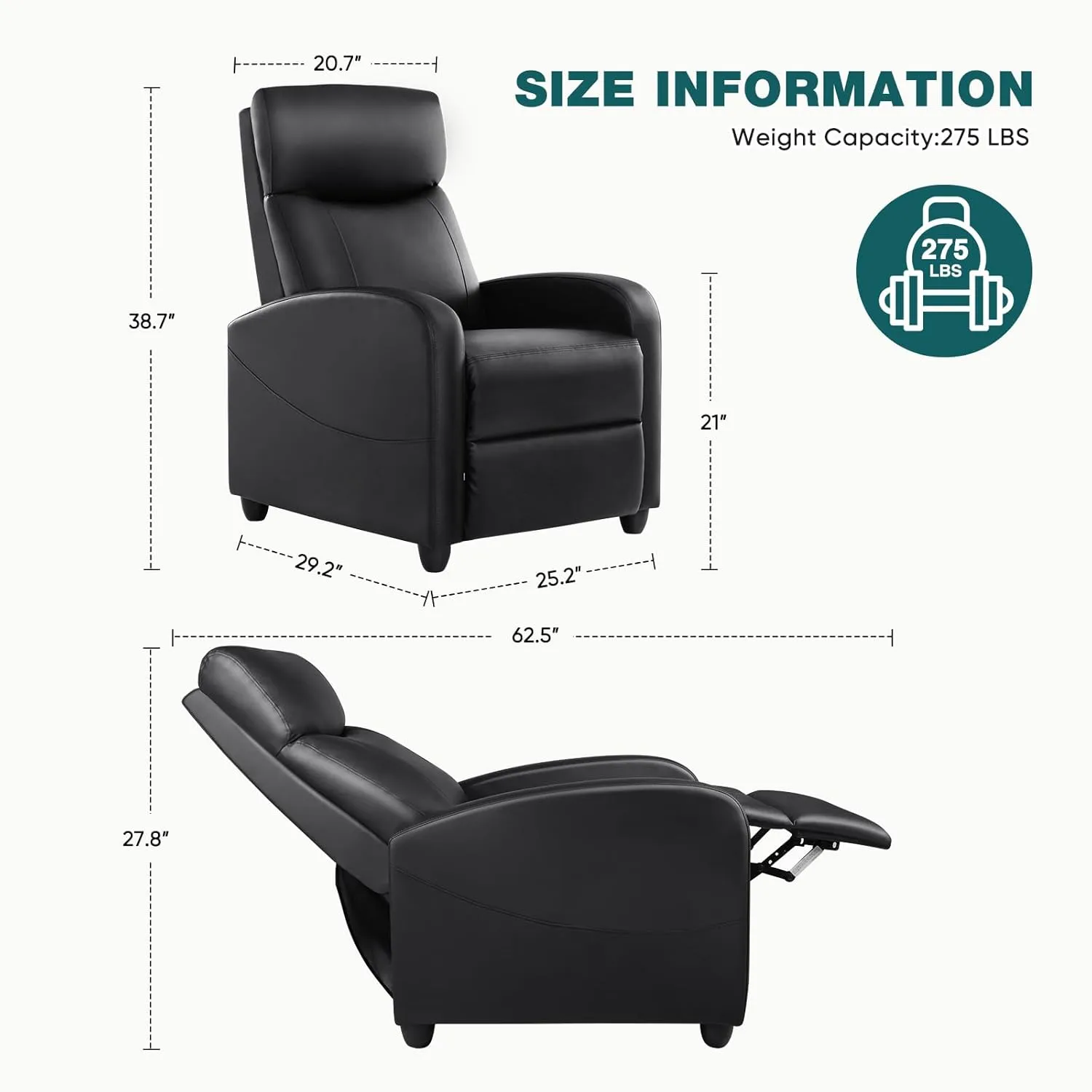 Recliner Chair for Living Room, Leather Recliners, Home Theater Seating with Lumbar Support with Adjustable Backrest and Footrest, Modern Living Room Furniture with Padded Seat Backrest, Black