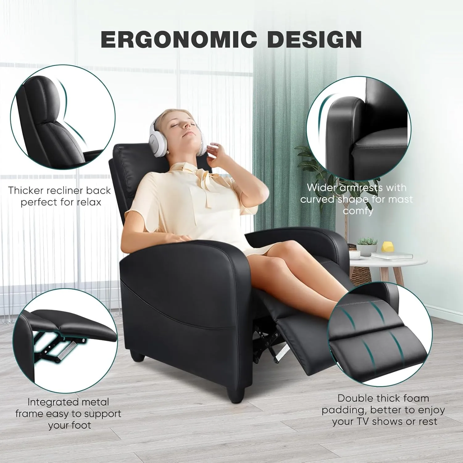 Recliner Chair for Living Room, Leather Recliners, Home Theater Seating with Lumbar Support with Adjustable Backrest and Footrest, Modern Living Room Furniture with Padded Seat Backrest, Black