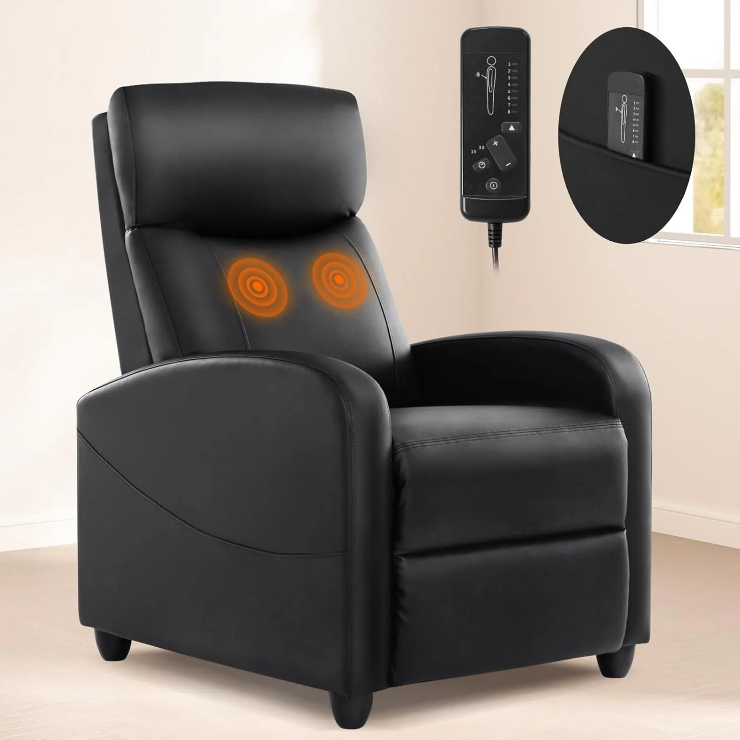 Recliner Chair for Living Room, Leather Recliners, Home Theater Seating with Lumbar Support with Adjustable Backrest and Footrest, Modern Living Room Furniture with Padded Seat Backrest, Black