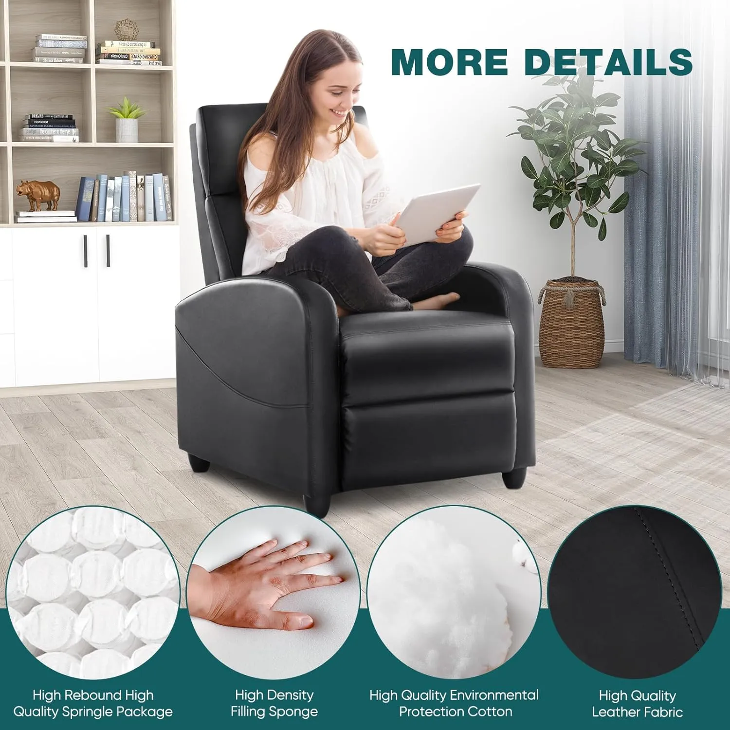 Recliner Chair for Living Room, Leather Recliners, Home Theater Seating with Lumbar Support with Adjustable Backrest and Footrest, Modern Living Room Furniture with Padded Seat Backrest, Black