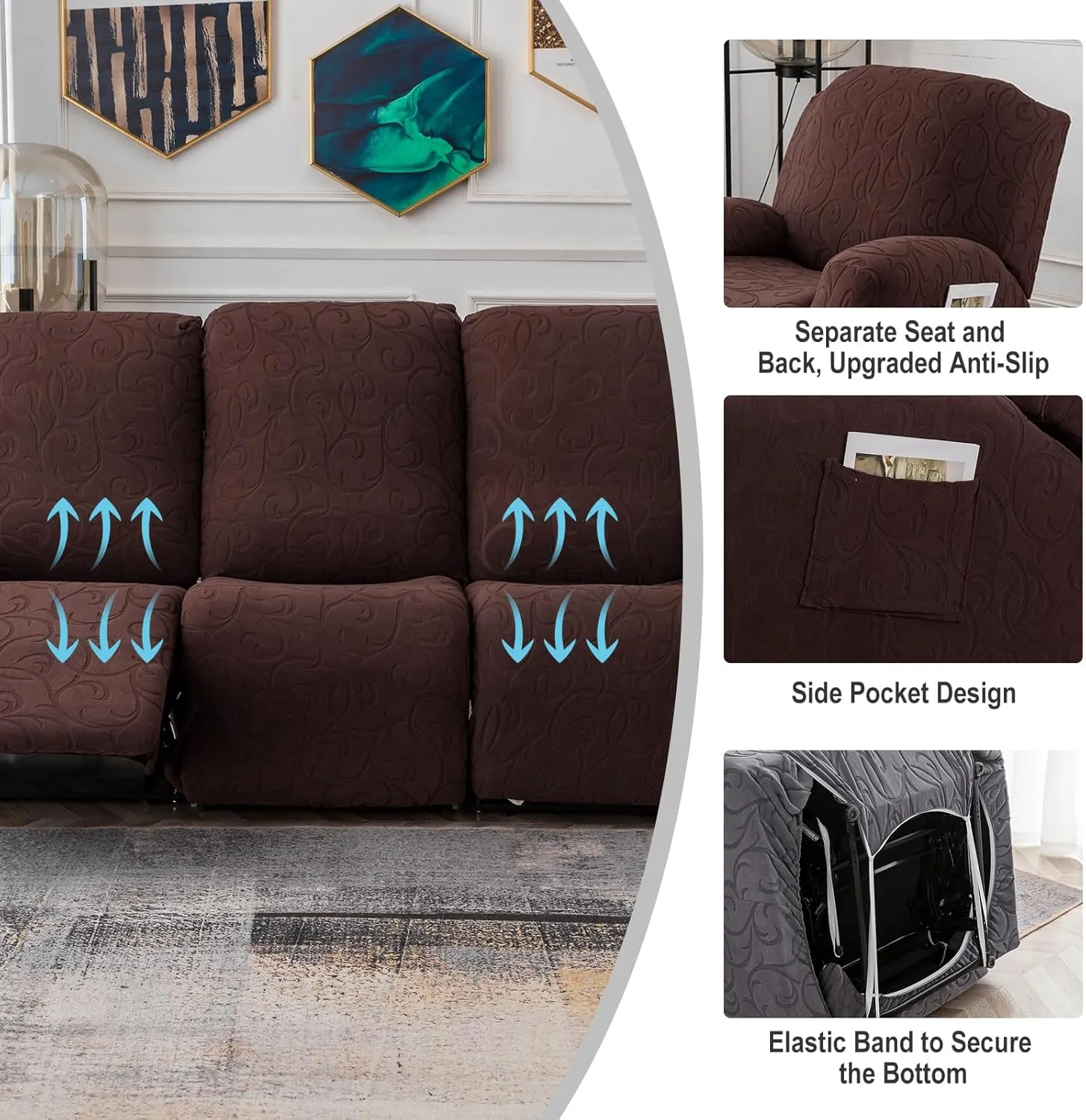 Recliner Sofa Covers Sectional Couch Cover for Reclining Couch 3 Seat, 5-Pieces 3 Cushion Sofa Stretch Recliner Sofa Slipcover, Soft Jacquard Furniture Dog Couch Cover Protector
