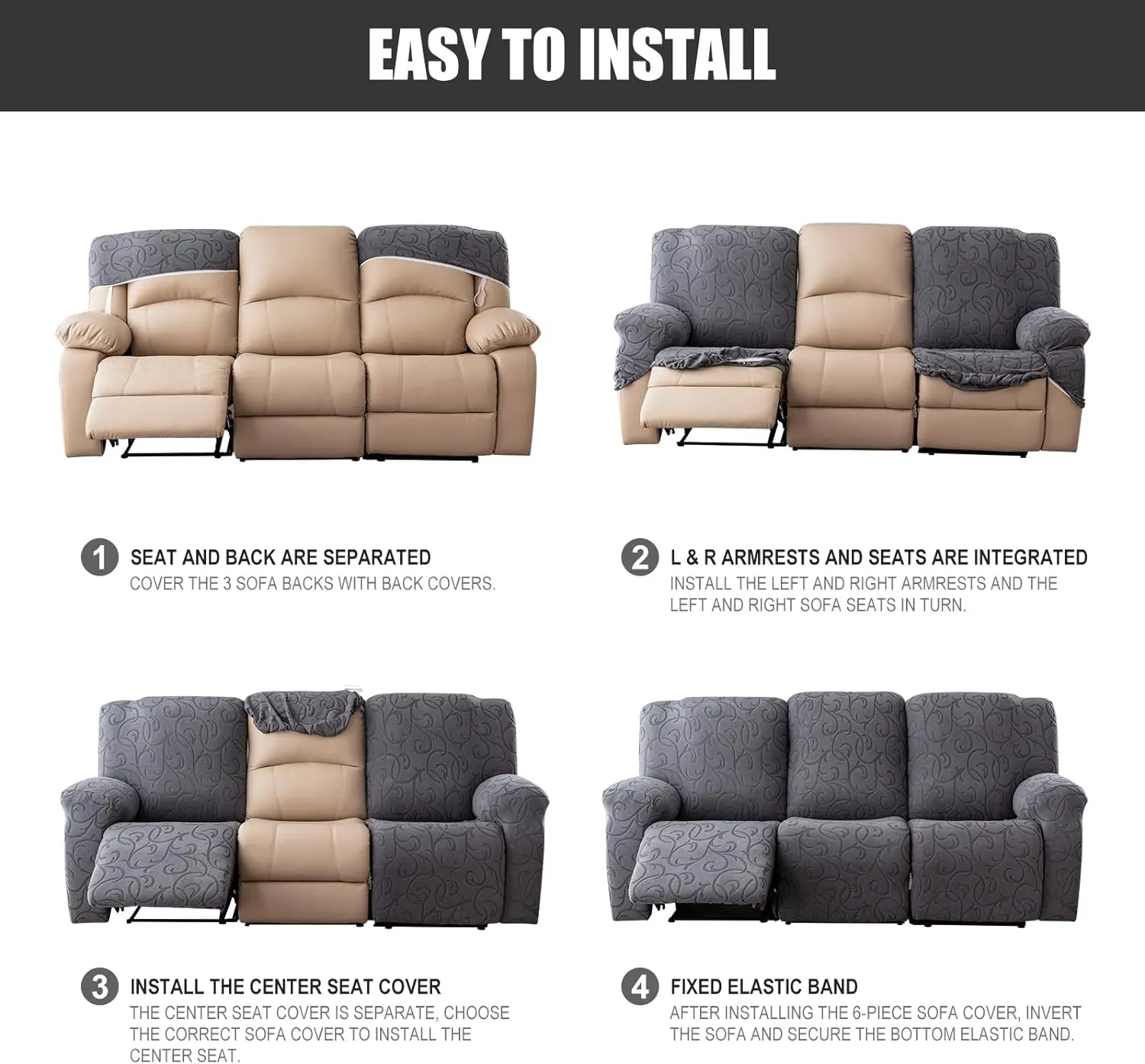 Recliner Sofa Covers Sectional Couch Cover for Reclining Couch 3 Seat, 5-Pieces 3 Cushion Sofa Stretch Recliner Sofa Slipcover, Soft Jacquard Furniture Dog Couch Cover Protector