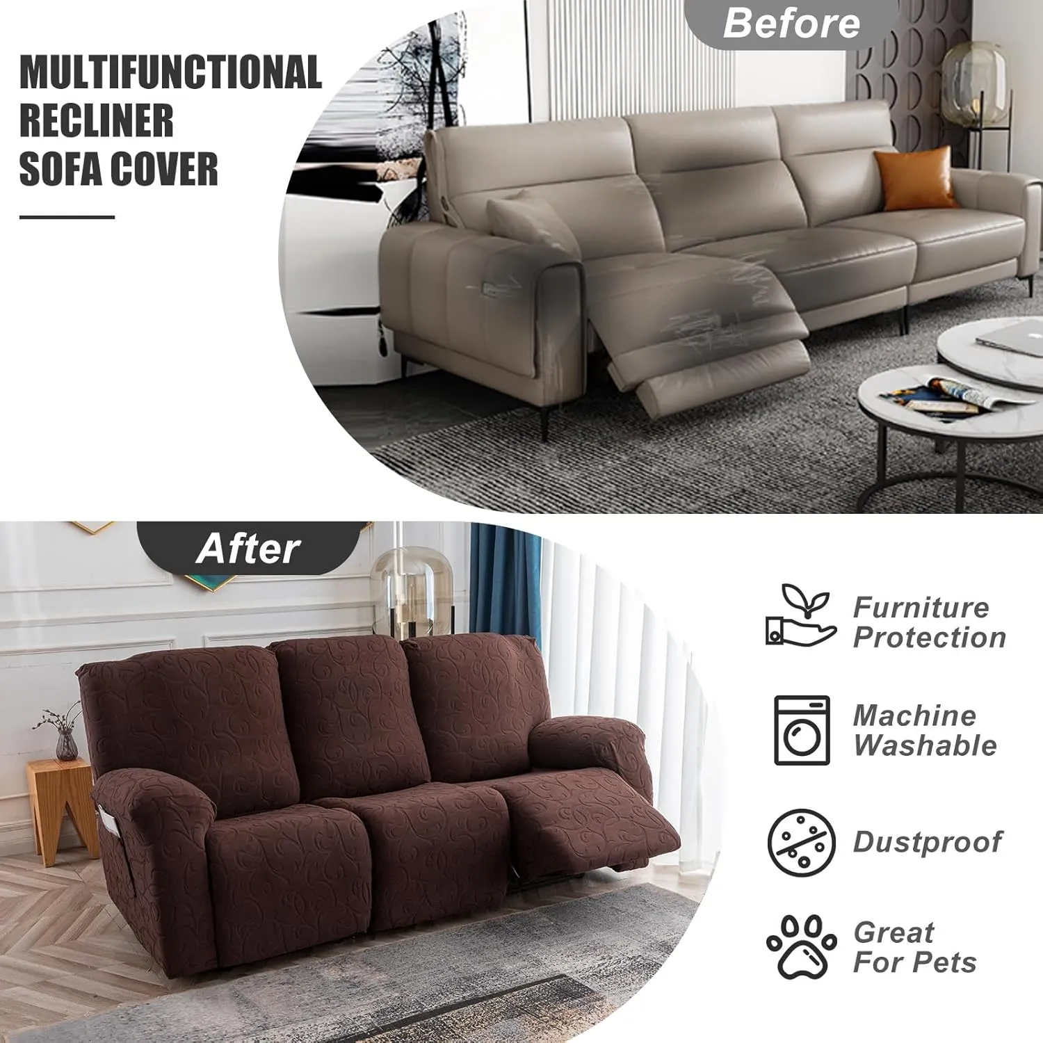 Recliner Sofa Covers Sectional Couch Cover for Reclining Couch 3 Seat, 5-Pieces 3 Cushion Sofa Stretch Recliner Sofa Slipcover, Soft Jacquard Furniture Dog Couch Cover Protector