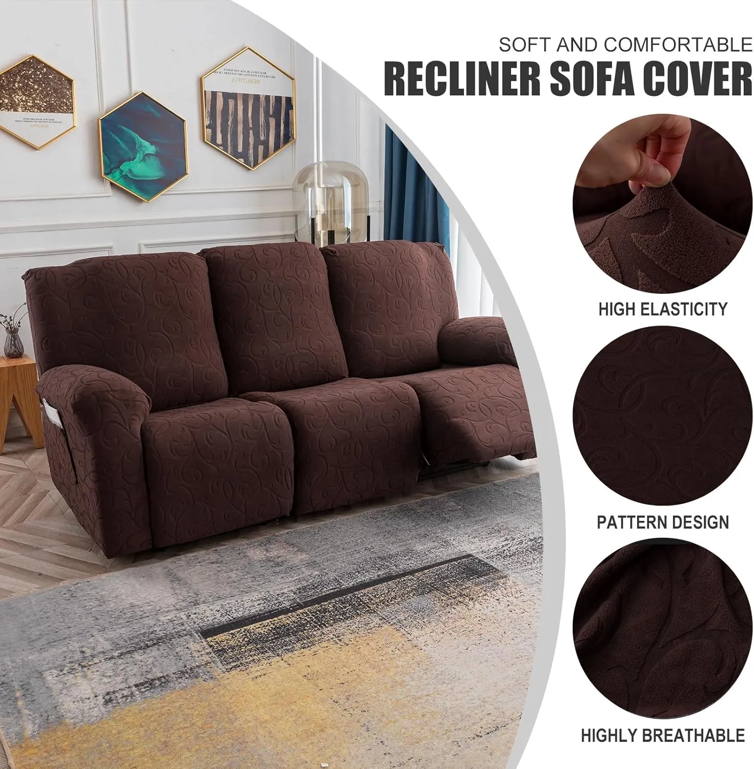 Recliner Sofa Covers Sectional Couch Cover for Reclining Couch 3 Seat, 5-Pieces 3 Cushion Sofa Stretch Recliner Sofa Slipcover, Soft Jacquard Furniture Dog Couch Cover Protector