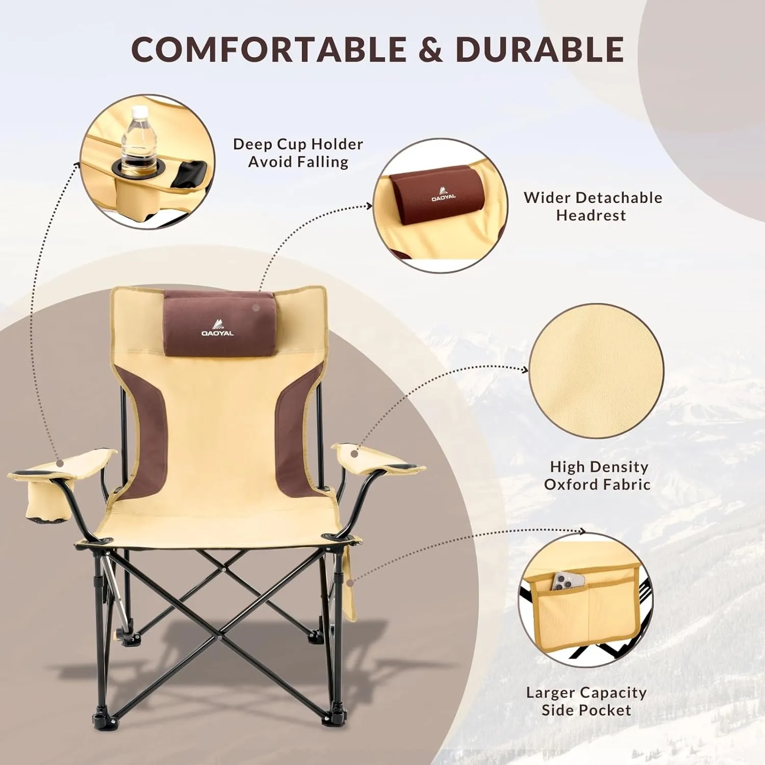 Reclining Camping Chair with Removable Footrest, 4-Position Adjustable Lightweight Folding Lounge Beach Chair with Cotton Cushion, Cup Holder & Storage Pouch for Outdoor(330lbs Capacity), Khaki
