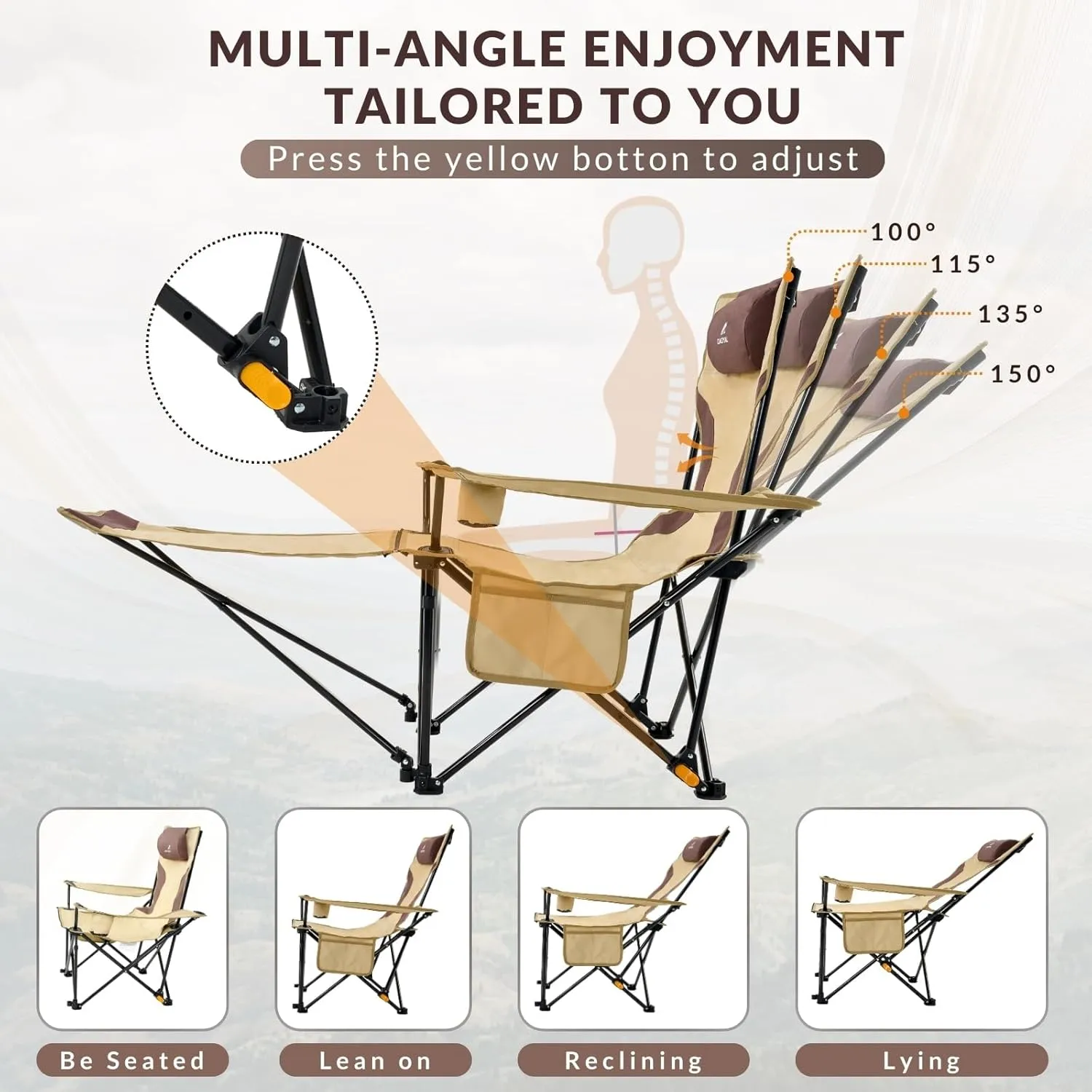 Reclining Camping Chair with Removable Footrest, 4-Position Adjustable Lightweight Folding Lounge Beach Chair with Cotton Cushion, Cup Holder & Storage Pouch for Outdoor(330lbs Capacity), Khaki