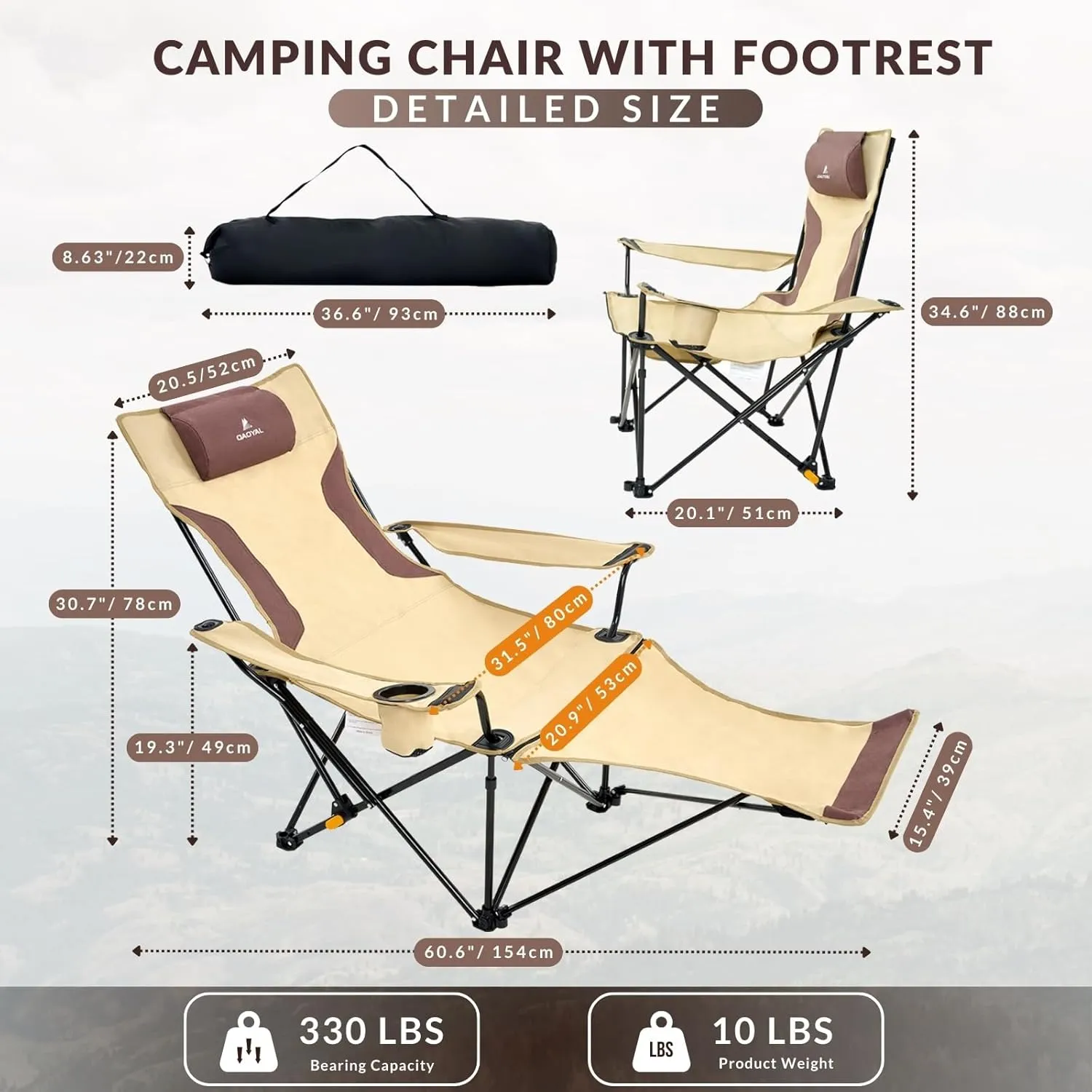Reclining Camping Chair with Removable Footrest, 4-Position Adjustable Lightweight Folding Lounge Beach Chair with Cotton Cushion, Cup Holder & Storage Pouch for Outdoor(330lbs Capacity), Khaki