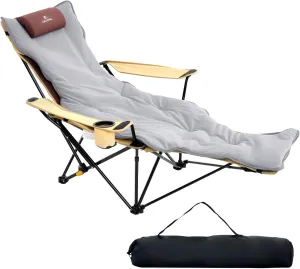 Reclining Camping Chair with Removable Footrest, 4-Position Adjustable Lightweight Folding Lounge Beach Chair with Cotton Cushion, Cup Holder & Storage Pouch for Outdoor(330lbs Capacity), Khaki