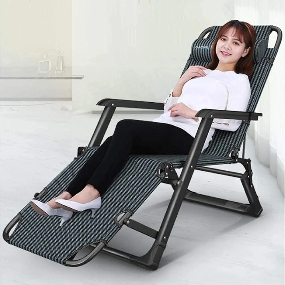 Reclining Zero- Recliner Folding G Chair Portable Deck Adjustable Backrest Outdoor Camping Beach-Blue   Thick Green Pad- Blue and White Thicken