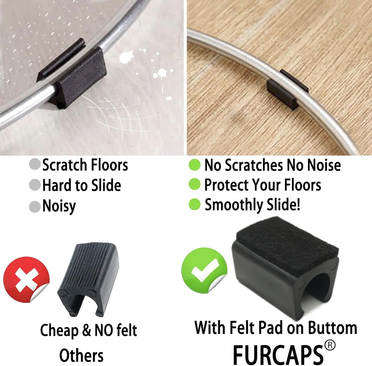 Rectangle U Shaped Chair Leg Tips Caps with Felt Pads,Furniture Feet Protectors Slide Smoothly Glides No Scratches No Noise Protect Hardwood Floors, Fit Diameter 14mm Metal Tubular Legs (Black 32PCS)