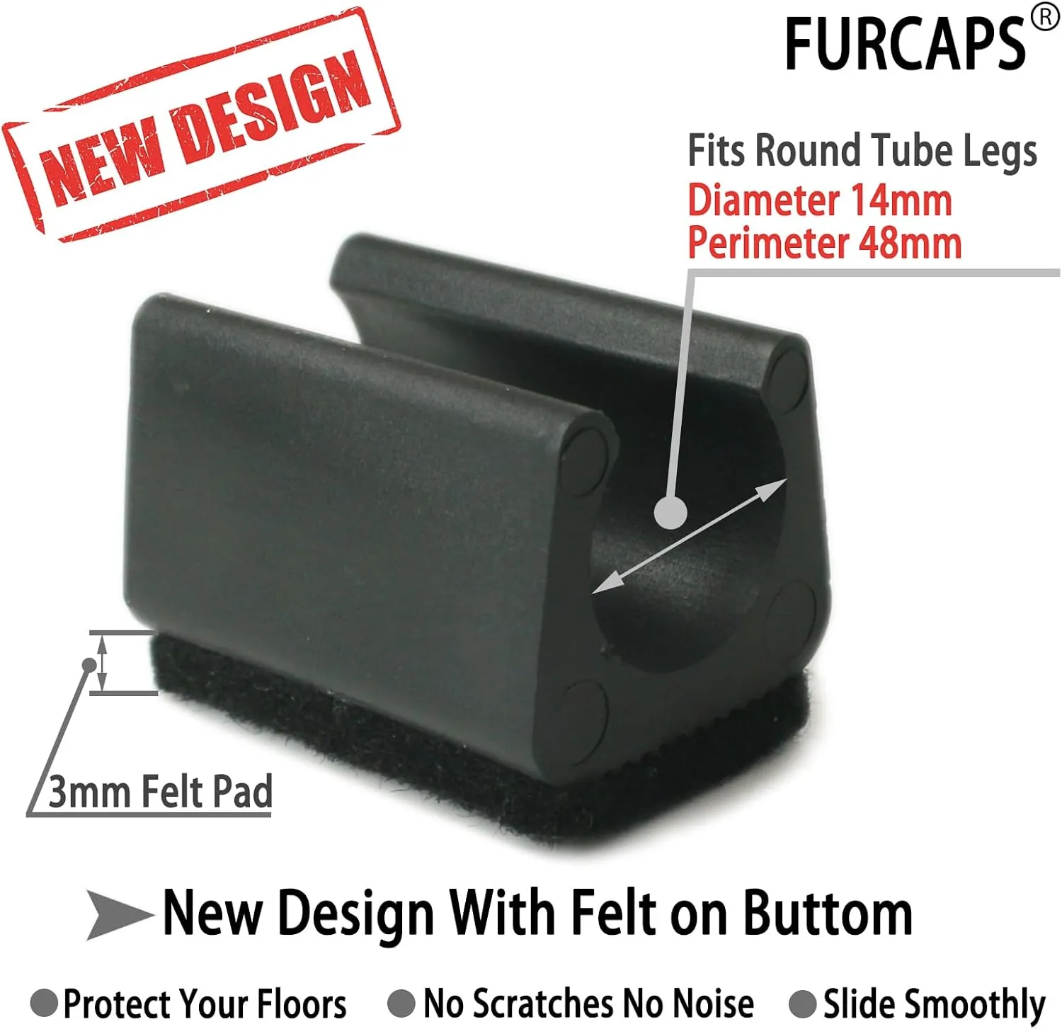 Rectangle U Shaped Chair Leg Tips Caps with Felt Pads,Furniture Feet Protectors Slide Smoothly Glides No Scratches No Noise Protect Hardwood Floors, Fit Diameter 14mm Metal Tubular Legs (Black 32PCS)
