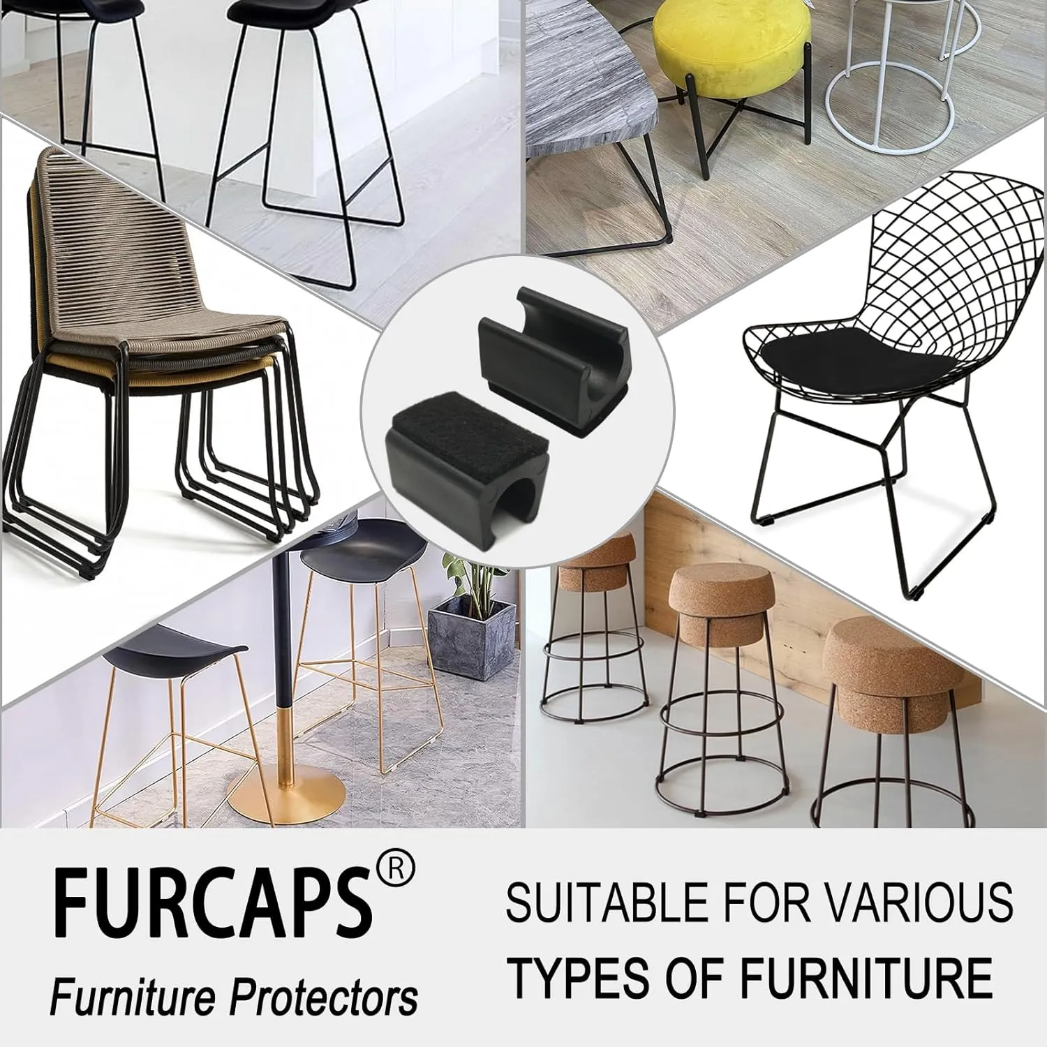Rectangle U Shaped Chair Leg Tips Caps with Felt Pads,Furniture Feet Protectors Slide Smoothly Glides No Scratches No Noise Protect Hardwood Floors, Fit Diameter 14mm Metal Tubular Legs (Black 32PCS)