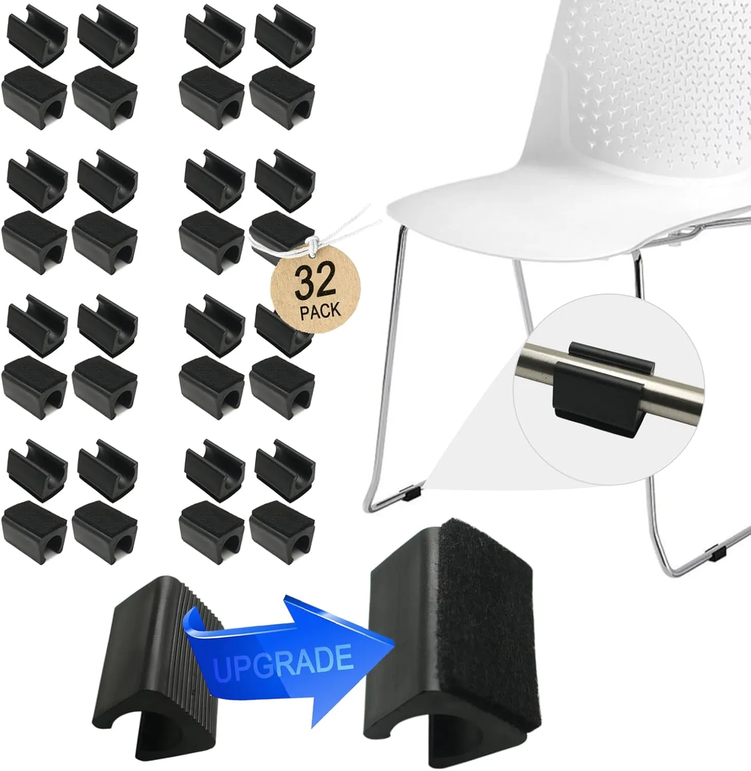 Rectangle U Shaped Chair Leg Tips Caps with Felt Pads,Furniture Feet Protectors Slide Smoothly Glides No Scratches No Noise Protect Hardwood Floors, Fit Diameter 14mm Metal Tubular Legs (Black 32PCS)