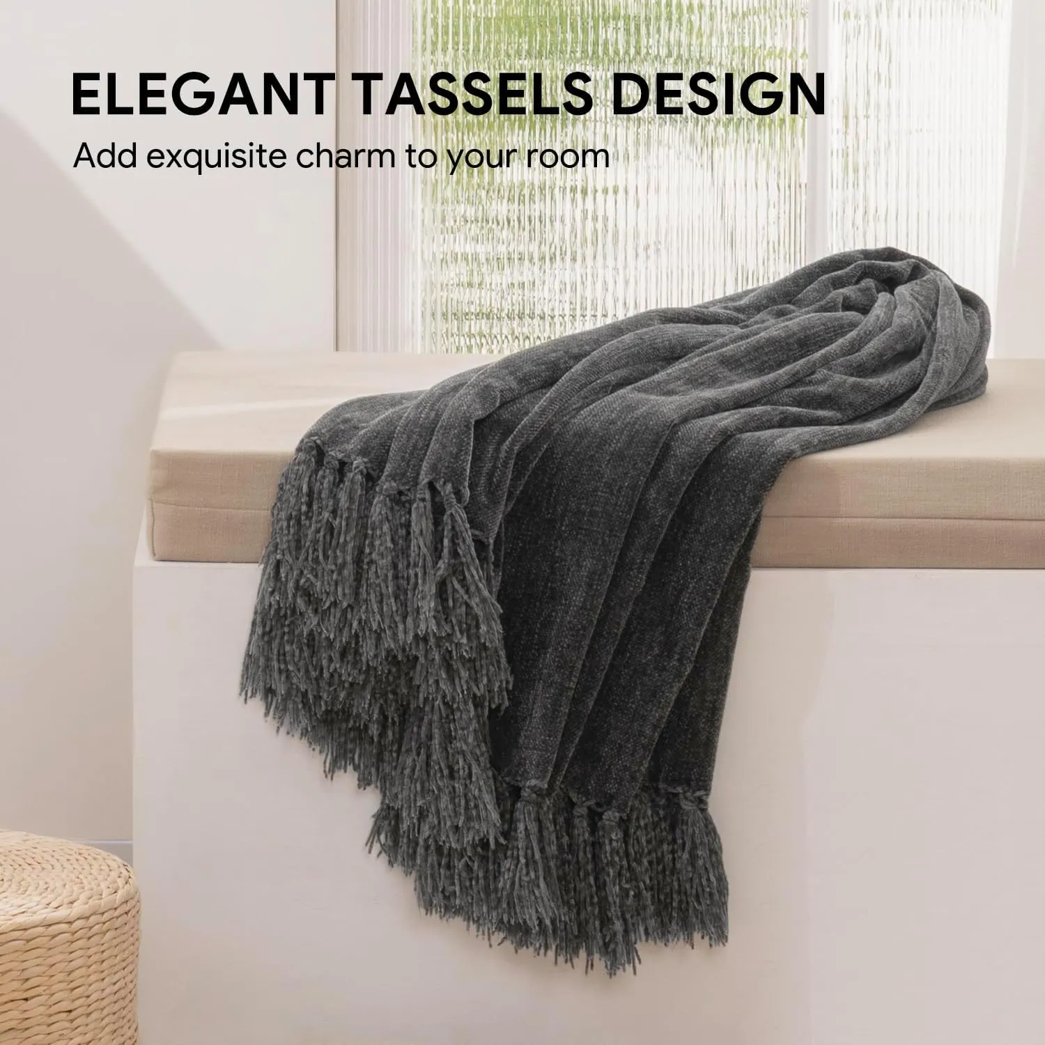 RECYCO Throw Blanket Soft Cozy Chenille Throw Blanket with Fringe Tassel for Couch Sofa Chair Bed Living Room Gift (Dark Gray, 60" x 80")
