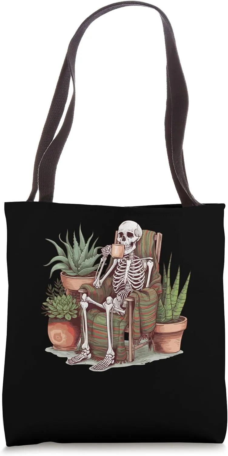 Relaxing Skeleton Sips Coffee in Cozy Chair Tote Bag