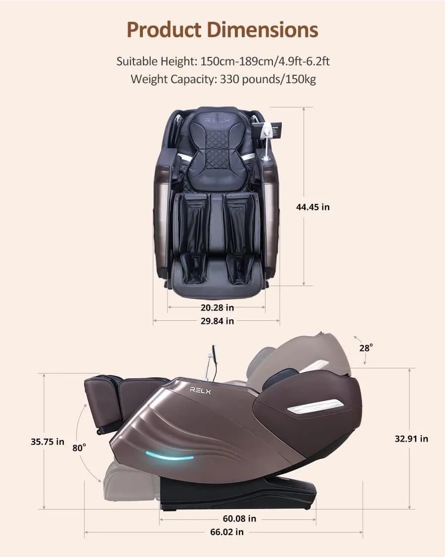 RELX 2025 Massage Chair Full Body, Zero Gravity SL-Track Shiatsu Massage Chair Built-in Heat System, Airbag Massage, with Body Scan, Deep Yoga Stretch, Calfrest Extension and AI Control(Brown)