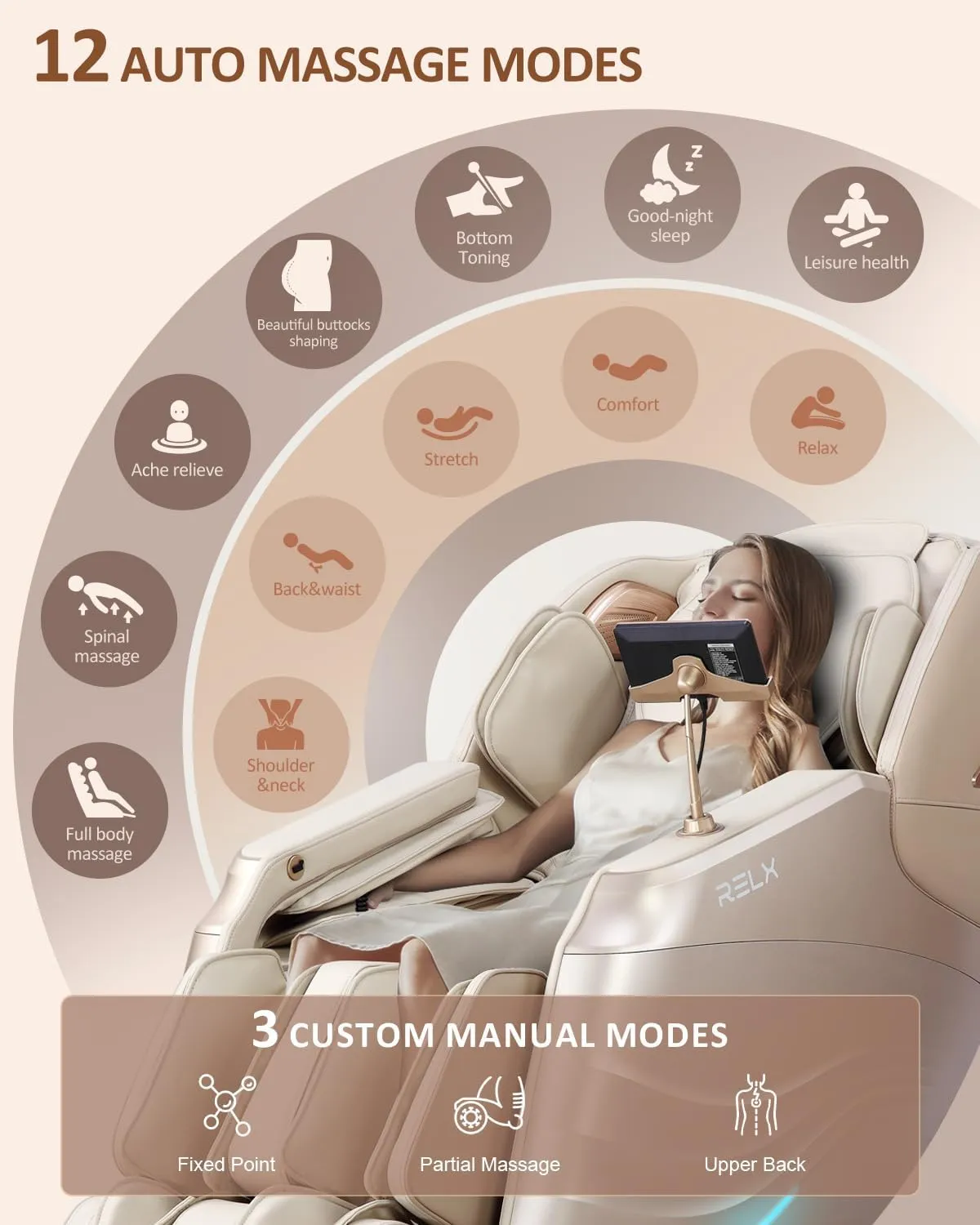 RELX 2025 Massage Chair Full Body, Zero Gravity SL-Track Shiatsu Massage Chair Built-in Heat System, Airbag Massage, with Body Scan, Deep Yoga Stretch, Calfrest Extension and AI Control(Cream)