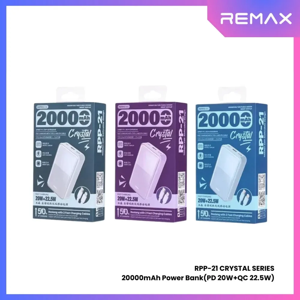 REMAX RPP-21 Crystal Series 20000mAh PD QC Fast Charging Power Bank(PD 20W QC 22.5W) - Purple