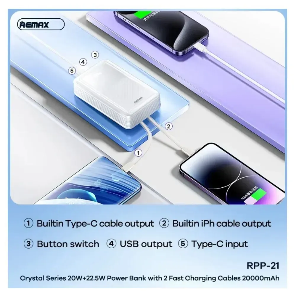 REMAX RPP-21 Crystal Series 20000mAh PD QC Fast Charging Power Bank(PD 20W QC 22.5W) - Purple