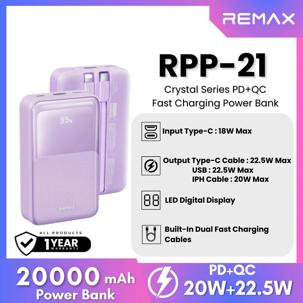 REMAX RPP-21 Crystal Series 20000mAh PD QC Fast Charging Power Bank(PD 20W QC 22.5W) - Purple