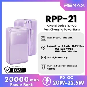 REMAX RPP-21 Crystal Series 20000mAh PD QC Fast Charging Power Bank(PD 20W QC 22.5W) - Purple