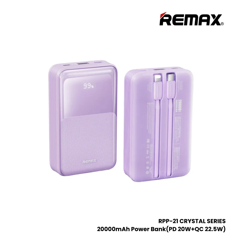 REMAX RPP-21 Crystal Series 20000mAh PD QC Fast Charging Power Bank(PD 20W QC 22.5W) - Purple