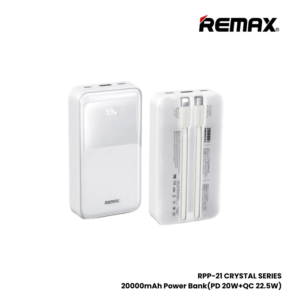 REMAX RPP-21 Crystal Series 20000mAh PD QC Fast Charging Power Bank(PD 20W QC 22.5W) - White