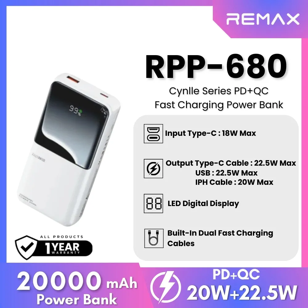 REMAX RPP-680 Cynlle Series 20000mAh PD QC Fast Charging Power Bank(PD 20W QC 22.5W) - White