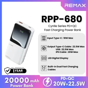 REMAX RPP-680 Cynlle Series 20000mAh PD QC Fast Charging Power Bank(PD 20W QC 22.5W) - White