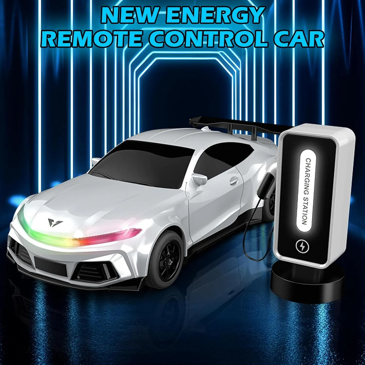 Remote Control Car, 2.4GHz 1:16 TypeC New Energy Sports Car with Charging Post, Automatic Parking, LED Lights and Music, Hobby RC Car Gift for Adults Boys Girls Kids