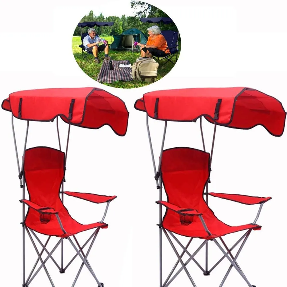 Renovation House Comfortable Folding Camping Chair with Sun Canopy with Cup Holder for Beach Fishing Garden (2 Pieces) Maximum Load 100 Kg Red