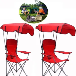 Renovation House Comfortable Folding Camping Chair with Sun Canopy with Cup Holder for Beach Fishing Garden (2 Pieces) Maximum Load 100 Kg Red