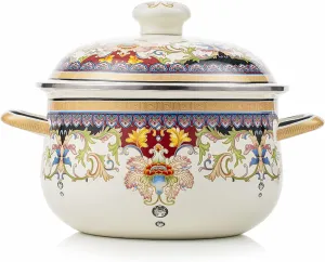 Retro Flower Enamel Stockpot with Lid,Stockpots for Cooking (5L-Mysterious Flower)